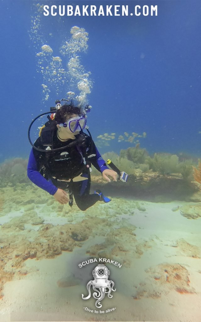 Buzo con cámara nadando cerca de la superficie sobre el arrecife / Diver with a camera swimming near the surface over the reef
